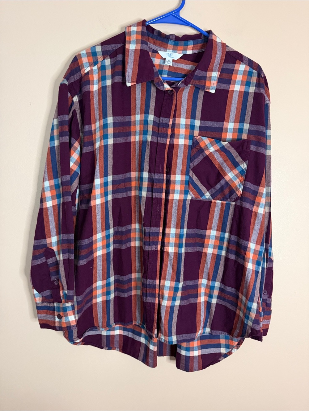 Time and Tru Purple and Orange Plaid Button-Down Shirt